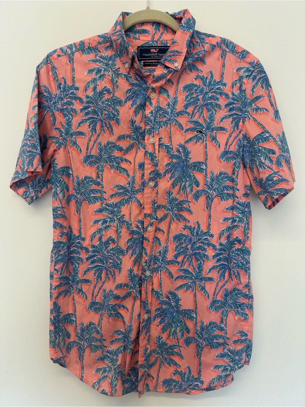 Vineyard Vines Coral Button-Down with Blue Palm Print